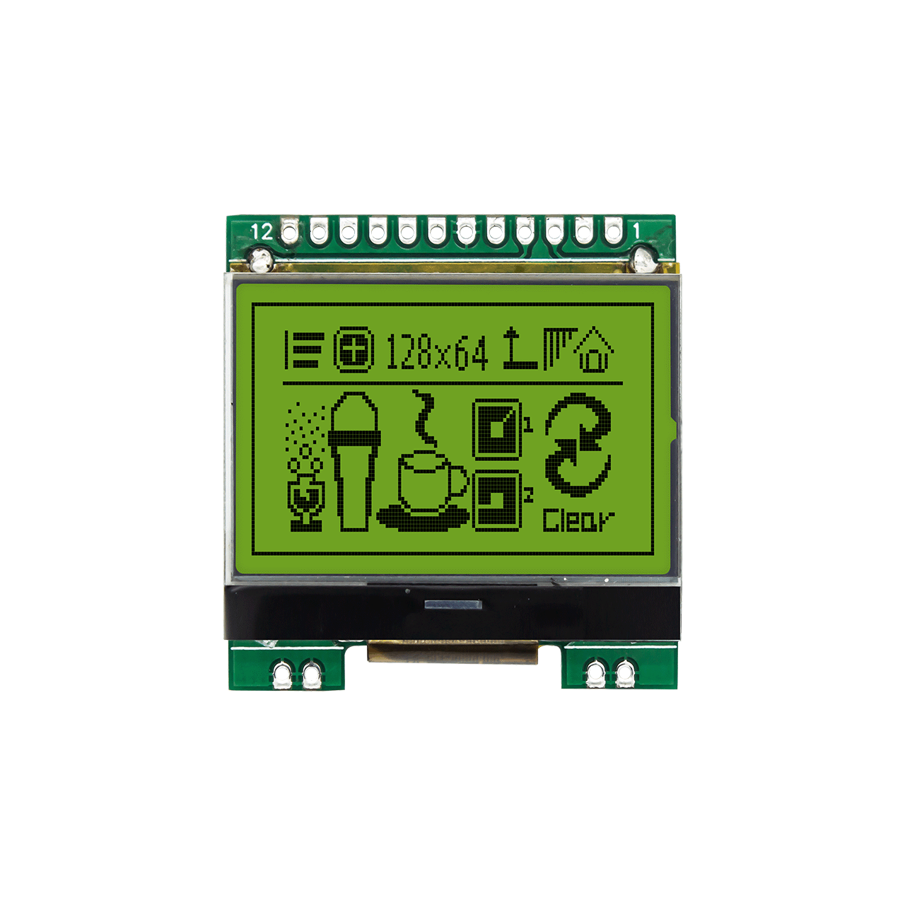1.7-inch 128X64 graphic LCD module | STN front display + yellow-green backlight display | Ultra-low temperature -40℃