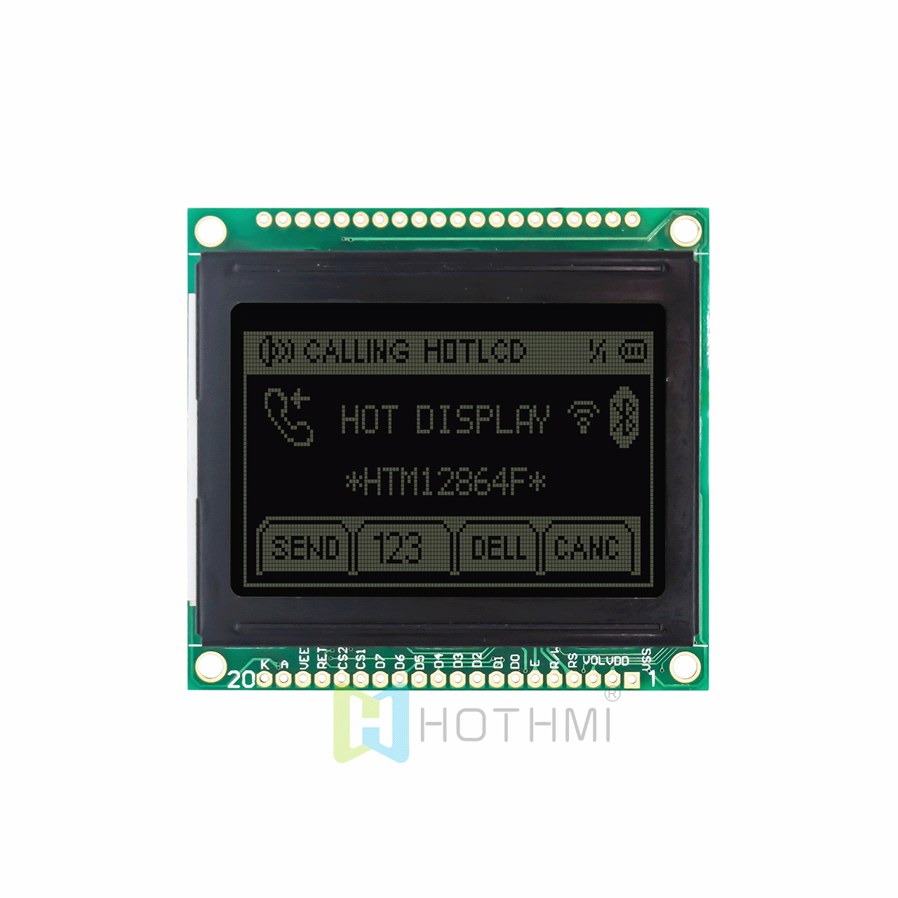 2.0-inch graphic dot matrix module/128x64 resolution/white text on black background/KS108 or AIP31108 control chip/SPI