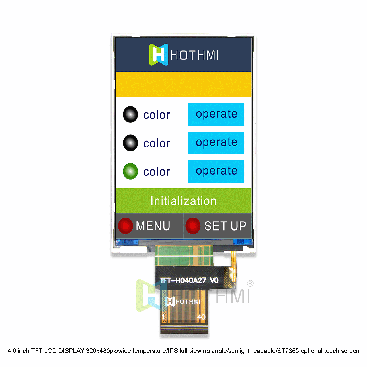 4.0 inch TFT LCD DISPLAY SPI 320x480px/wide temperature/IPS full viewing angle/sunlight readable/ST7365 optional touch screen