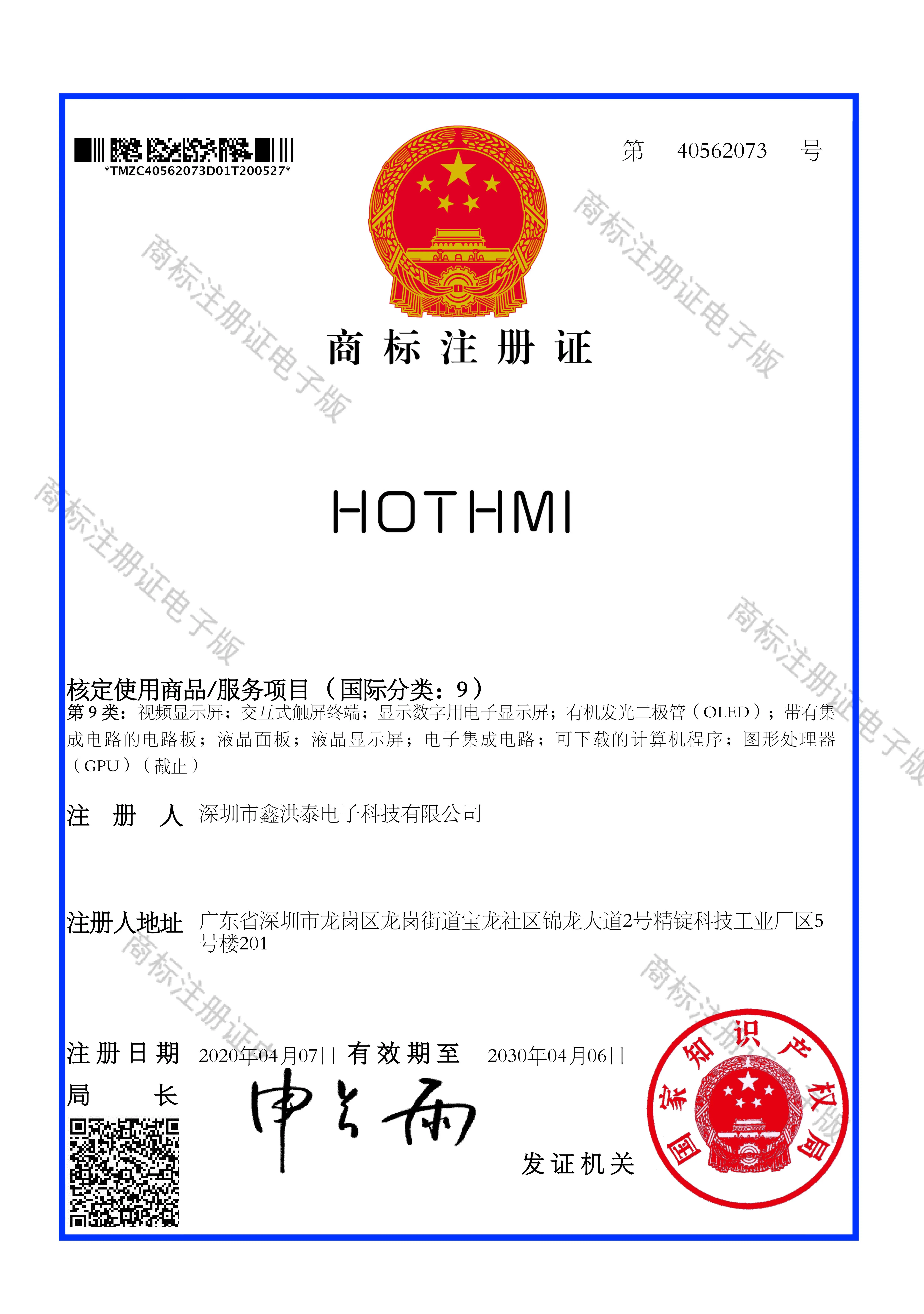 HOTHMI trademark registration certificate