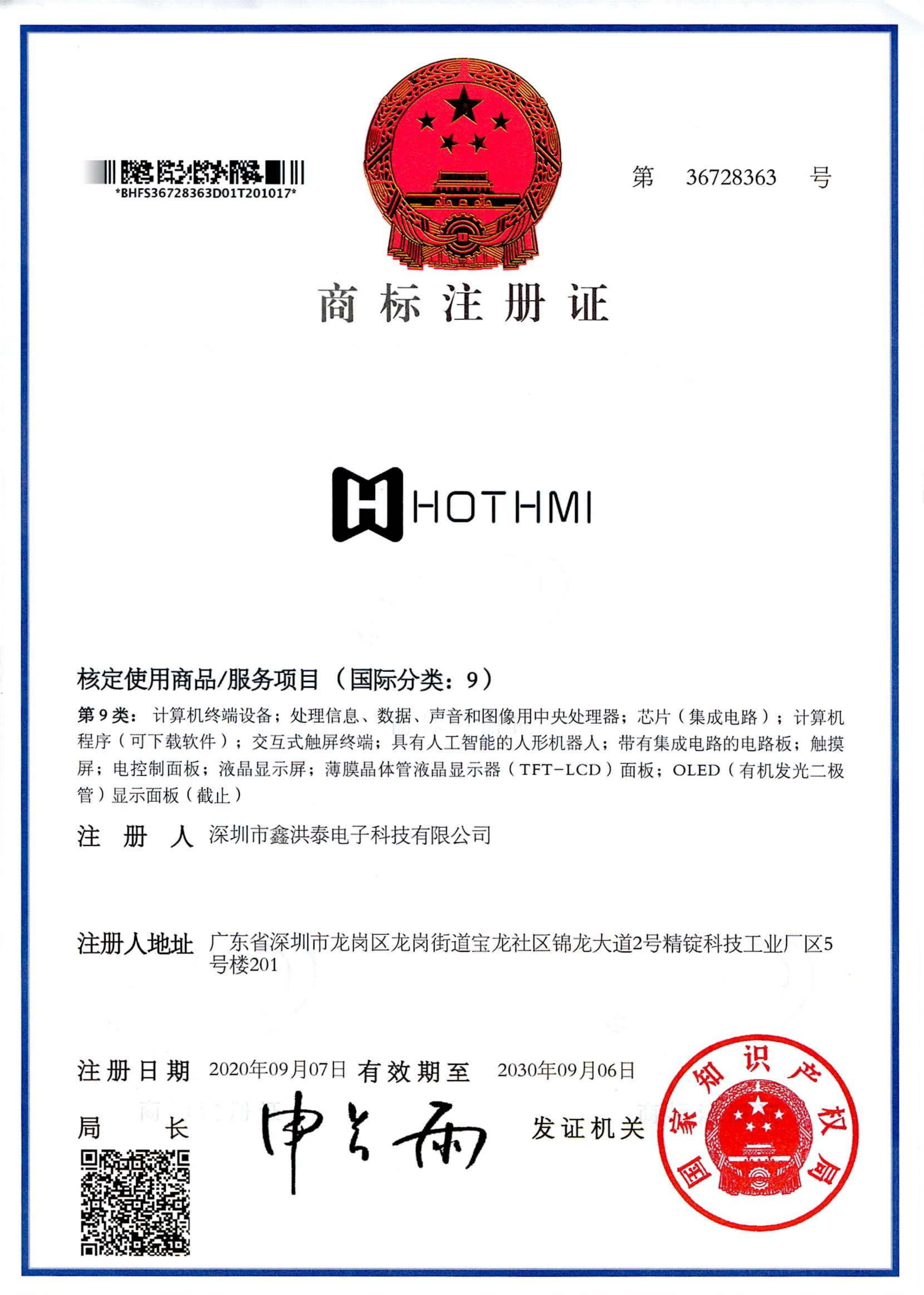 H-HOTHMI trademark registration certificate