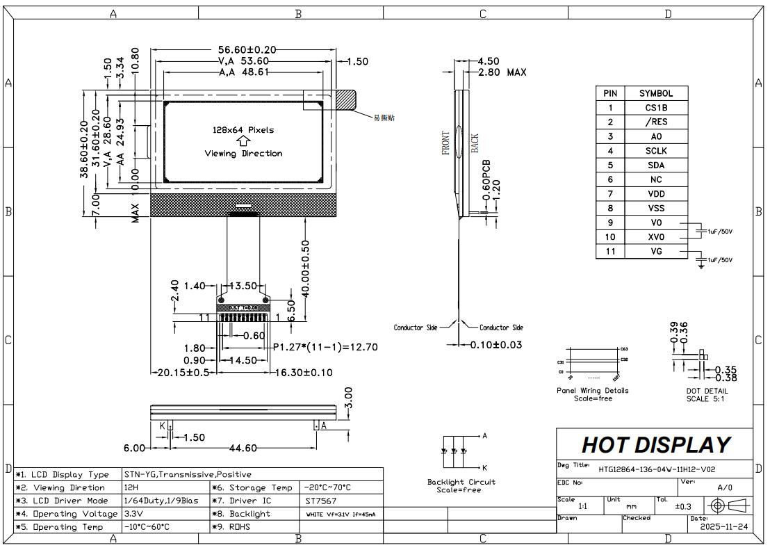 128x64 COG LCD Display STN+ Yellow/Green With Backlight