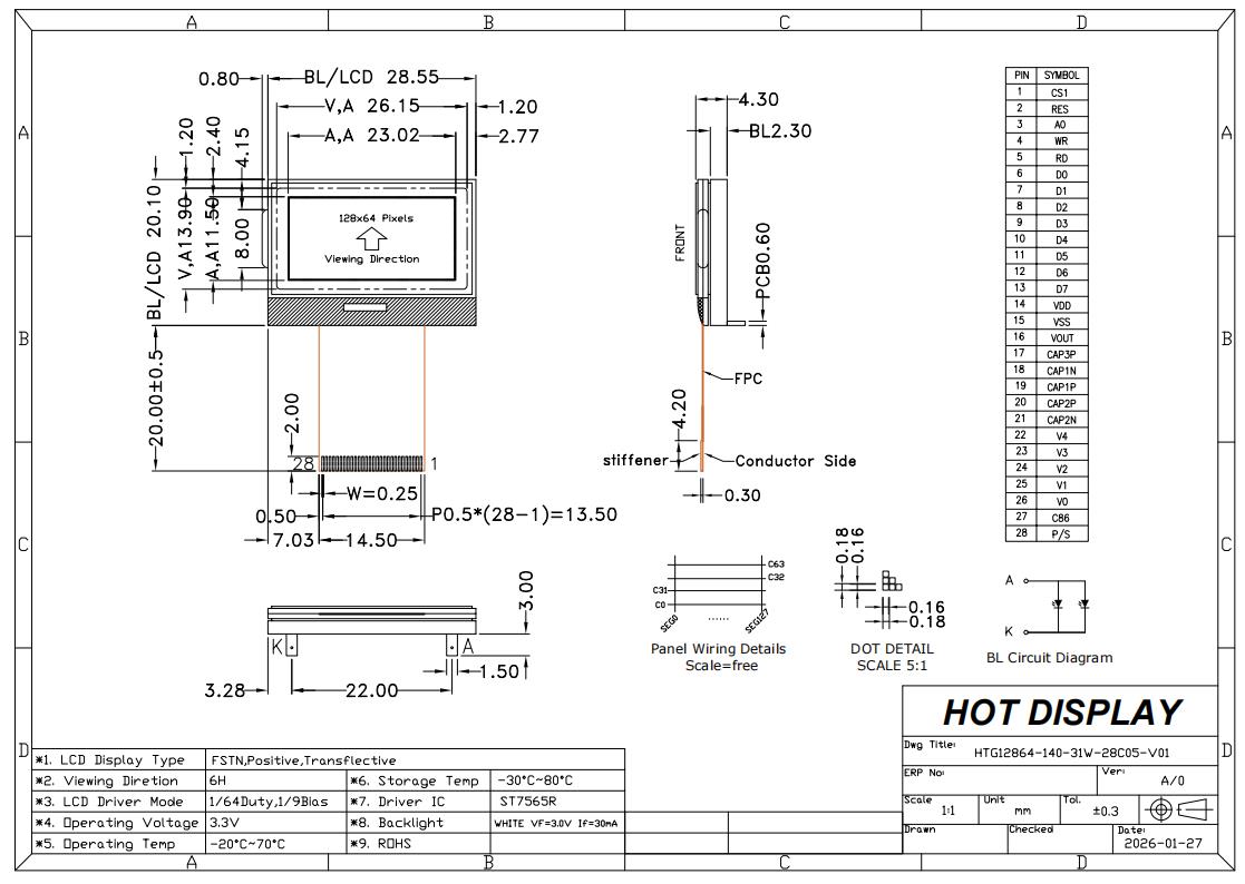 128x64 COG LCD Display FSTN-Positive Screen With ST7565R
