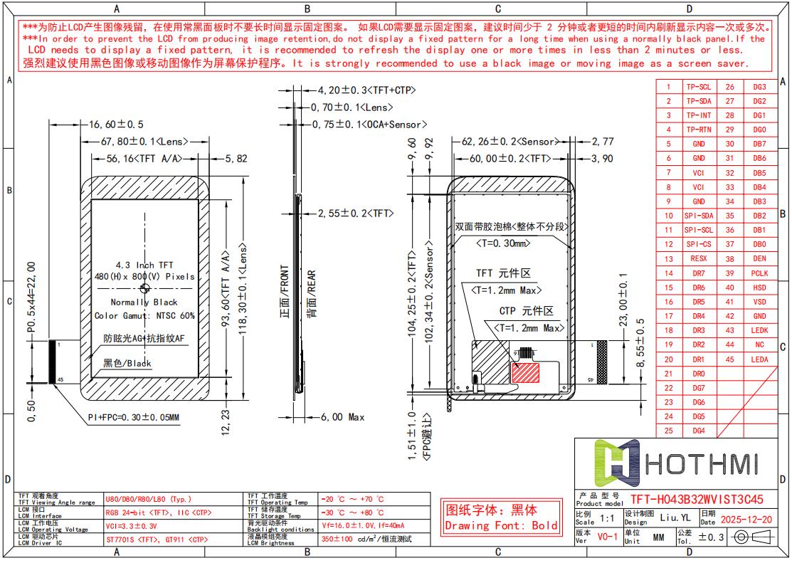 4.3-inch Capacitive Touchscreen TFT LCD 480x800 RGB Interface