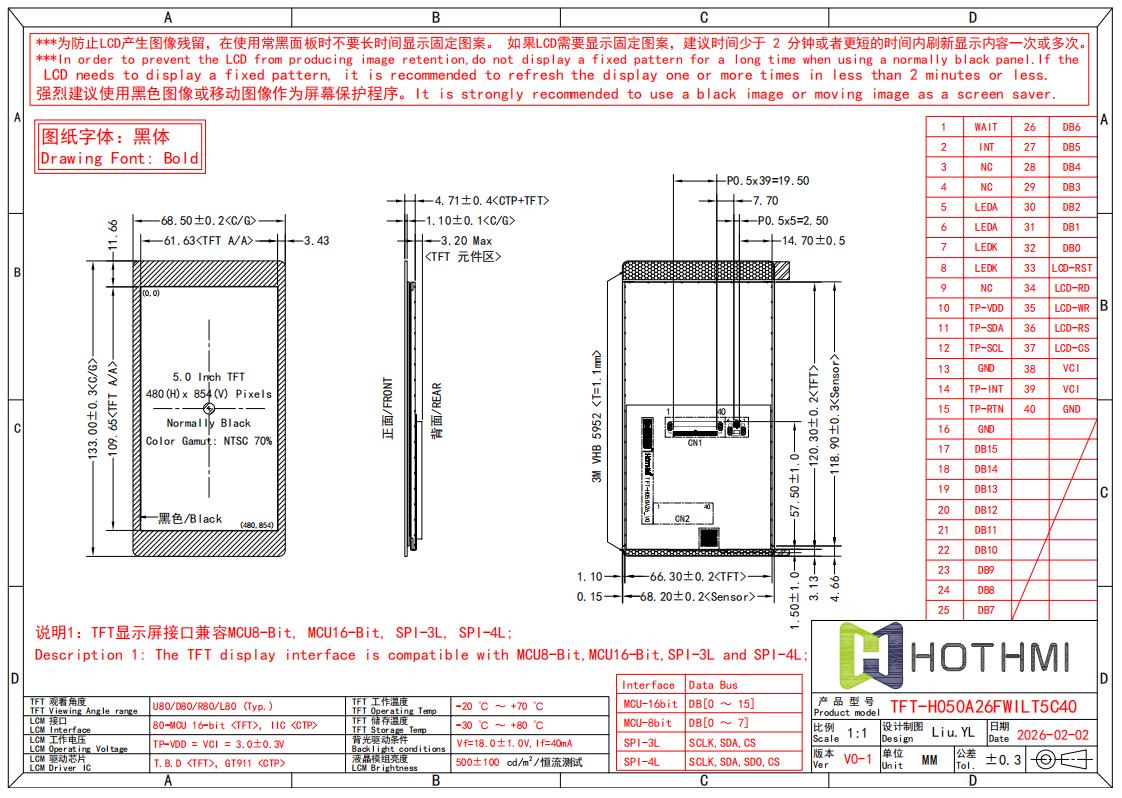 5 inch TFT LCD 480x854 Resolution display With Capacitive Touchscreen