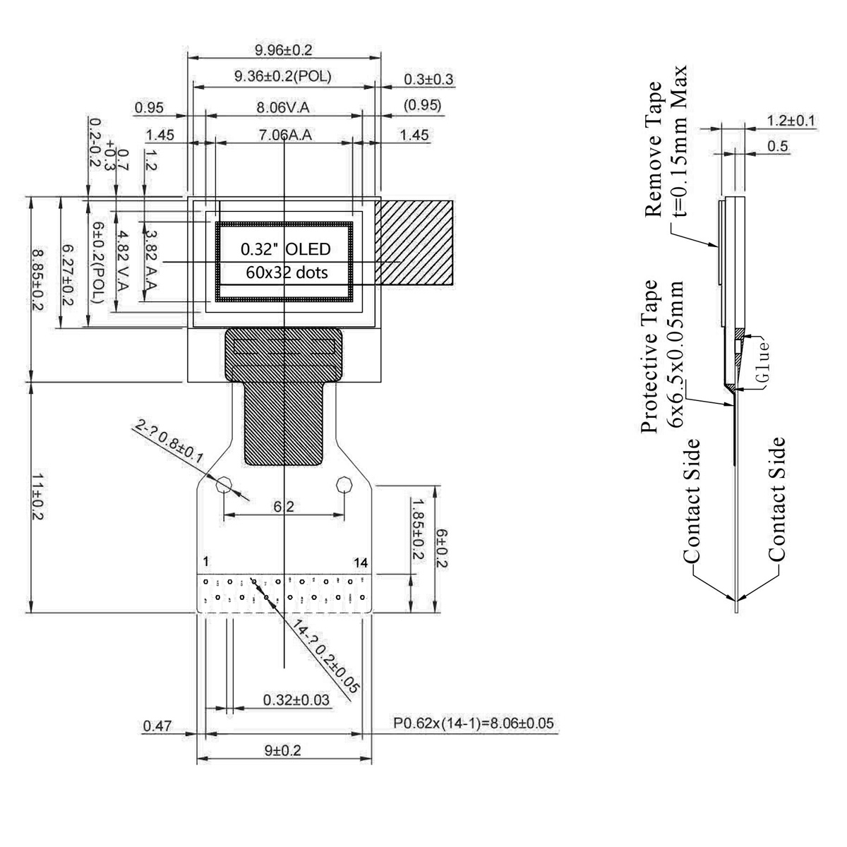 0.32 inch white oled/60x32 dot matrix OLED display/I2C interface graphic OLED display/SSD1315 controller/FPC flexible cable/Arduino