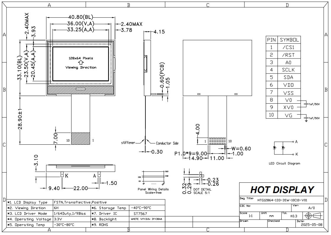 128x64 Low Power LCD With Wide temperature Display ST7567