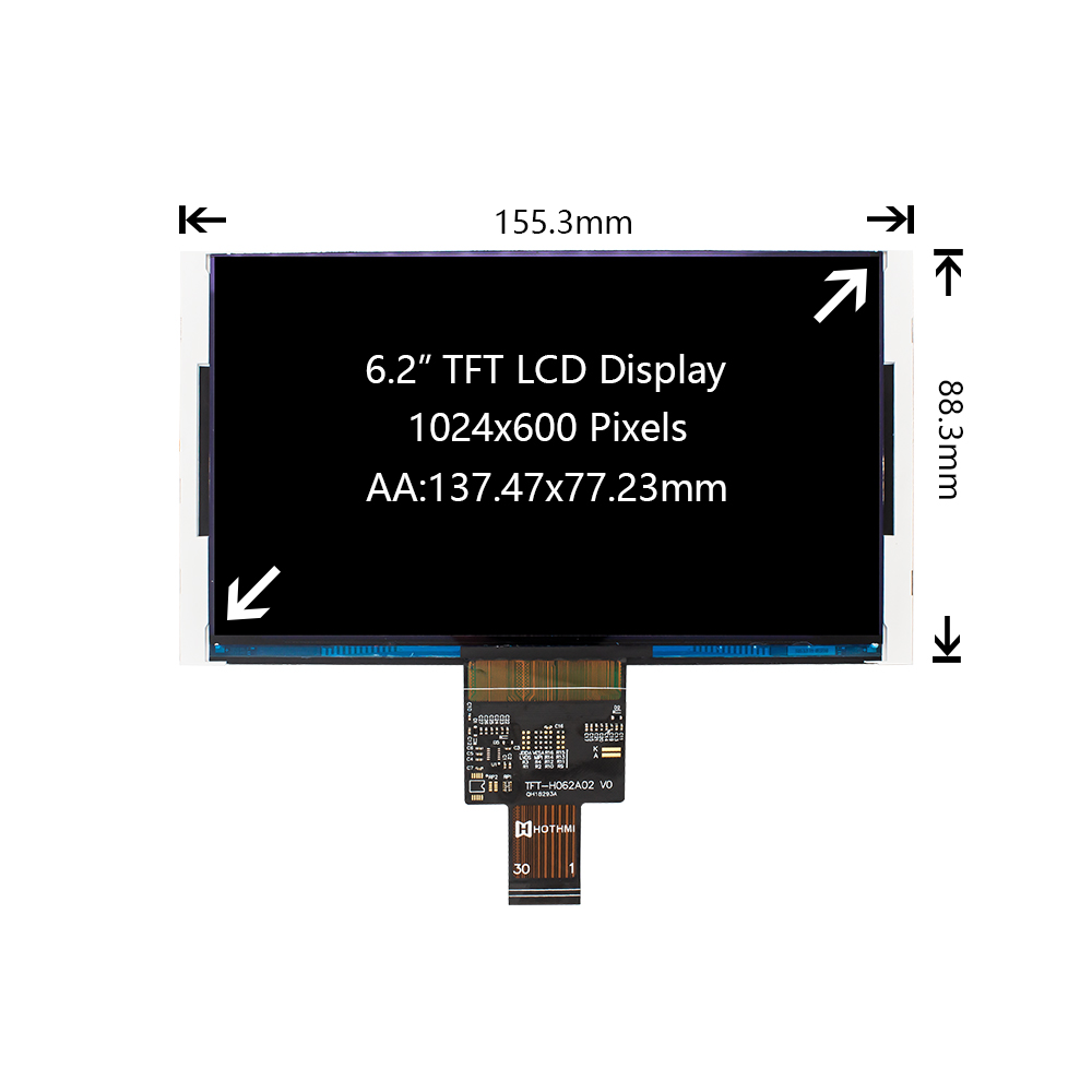 6.2-inch Wide Temperature TFT LCD 1024x600 Resolution Display With High Brightness JD9168