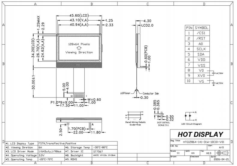 128x64 COG Monochrome LCD FSTN+ Display ST7567