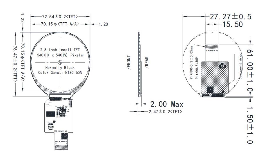2.8-inch MIPI DSI Round TFT LCD Display AXS15260D Controller