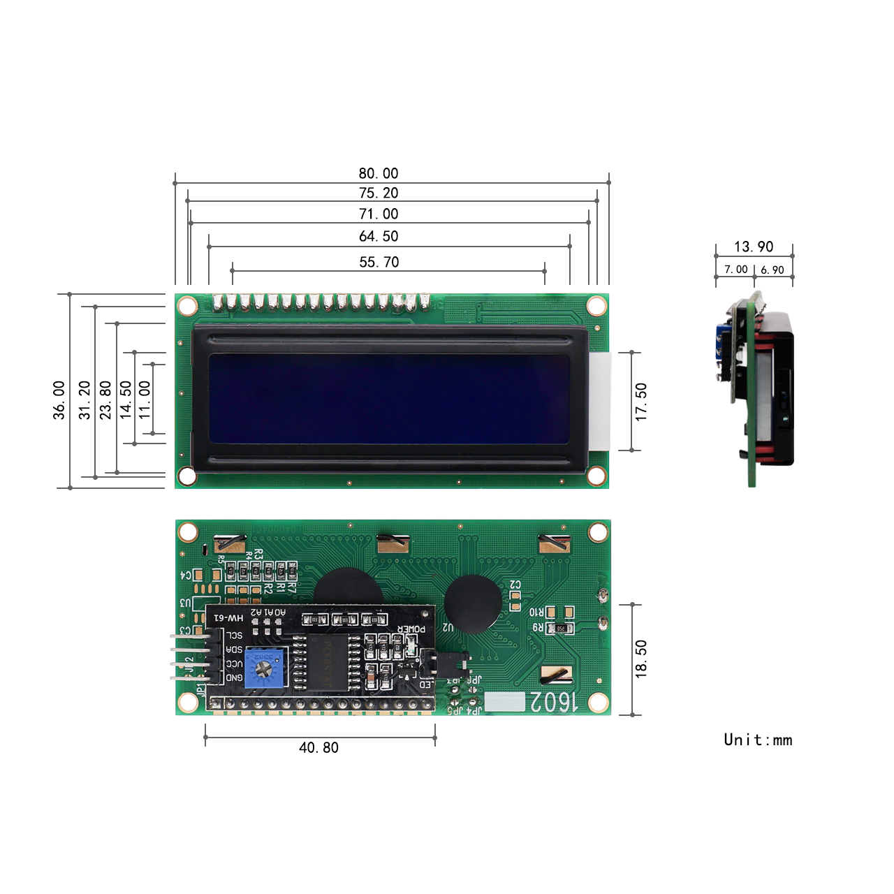 16x2 I2C Character Dot-Matrix LCD Module STN-Transmissive LCD with ST7066U Controller