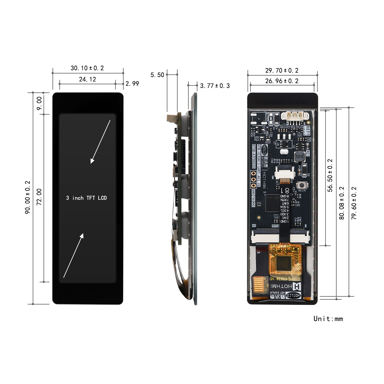 3.0-inch TFT LCD Smart Serial Display 268x800 Resolution with Capacitive Touchscreen