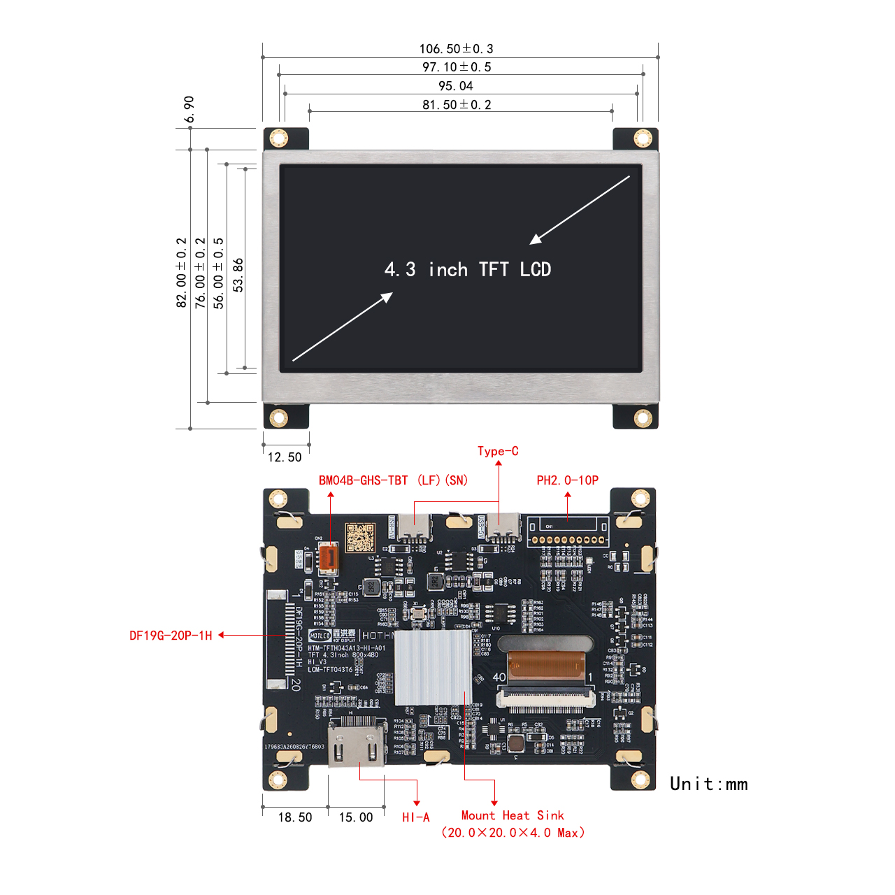 4.3-inch High Brightness TFT LCD Module With 800x480 Resolution