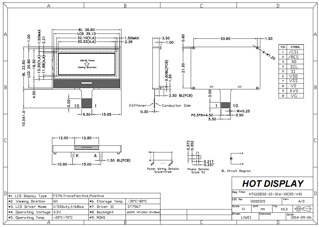 1.4" 128X32 Graphic COG LCD Module | SPI | FSTN | Gray Text on White Background | ST7567
