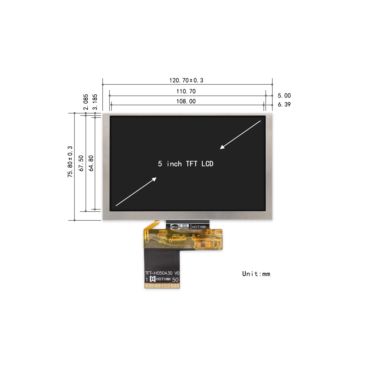5.0-inch Ultra-high brightness Display 800x480 TFT LCD For Outdoor Instrument