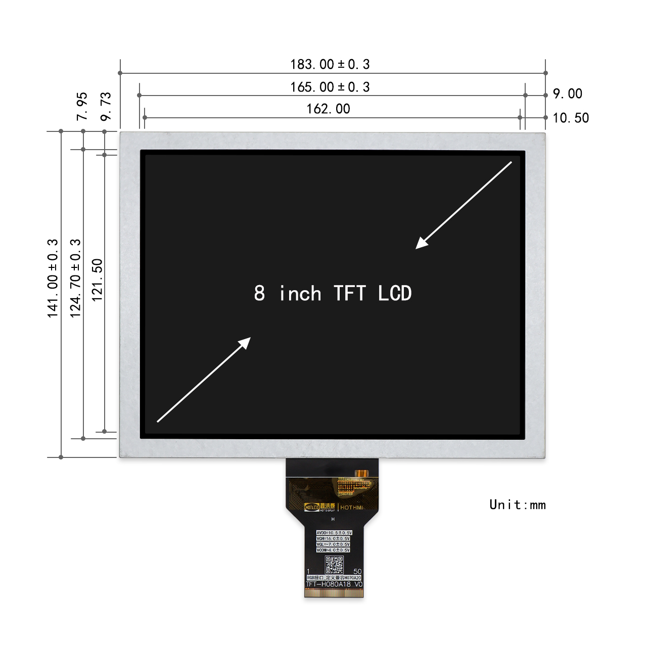8-inch 800x600 TFT LCD Display With RGB Interface IPS Panel
